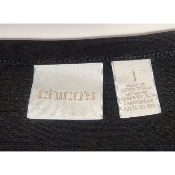 Chico’s Round Neck Knit Black Top Gold Zipper Short Sleeve Top Blouse Sz 1 (M-8) - Picture 8 of 9